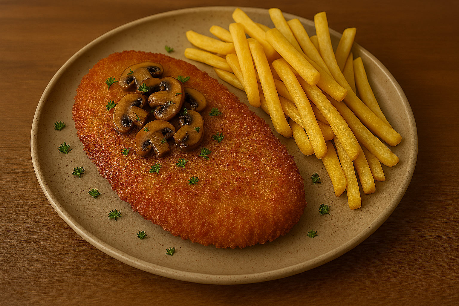 Milanesa de cerdo rebozado con setas + patatas